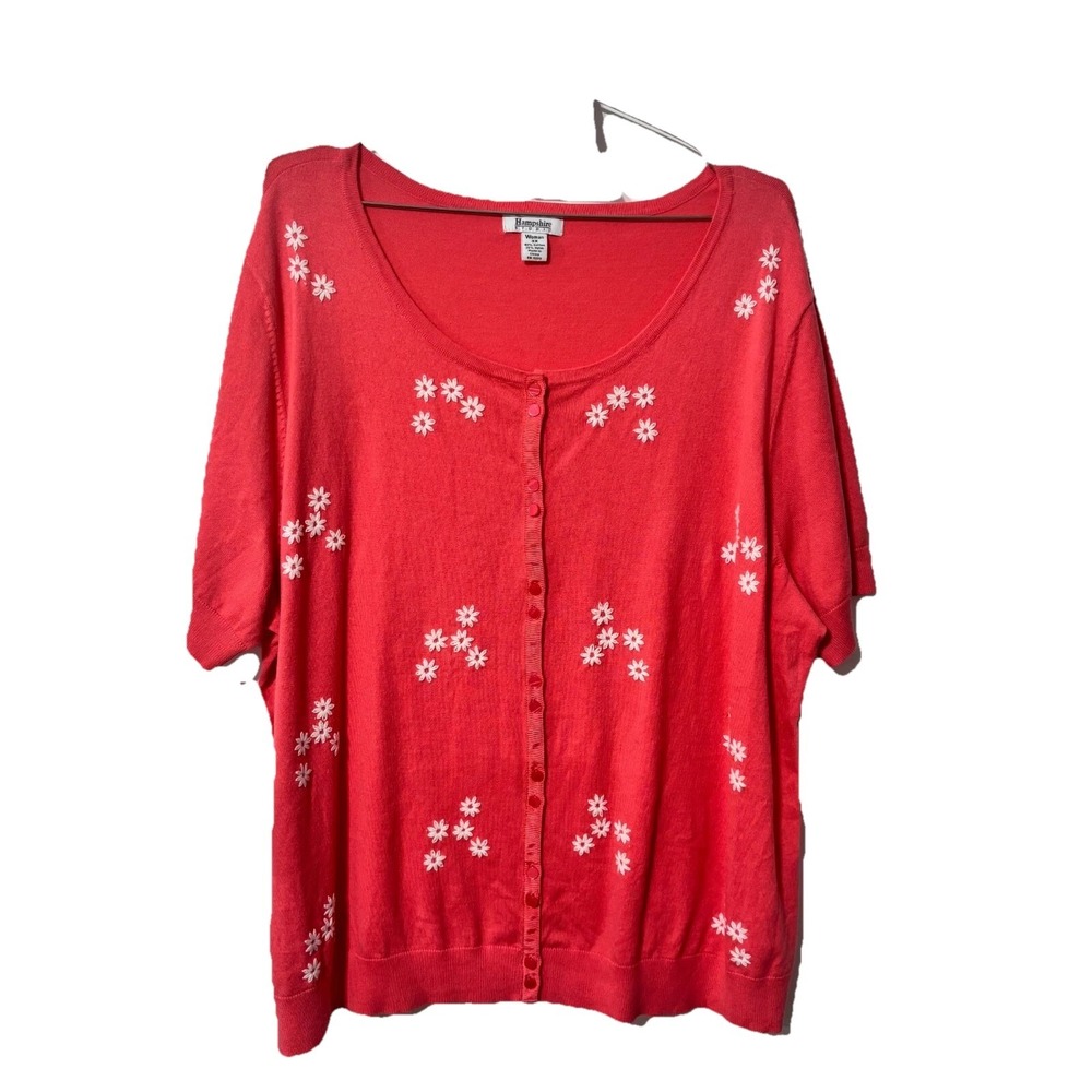 Hampshire Studio Womens 3X Coral Pink Floral Embroidered‎ Short Sleeve Cardigan